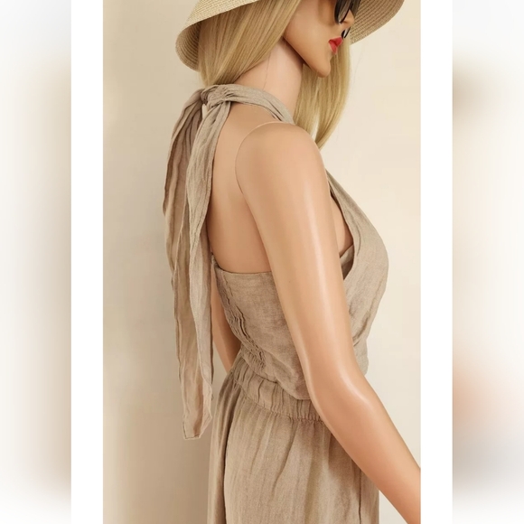 ZARA HALTER TOP SMOCKED BACK THICK STRAPS LINEN DARK BEIGE CROOPED TOP LARGE - Picture 12 of 16